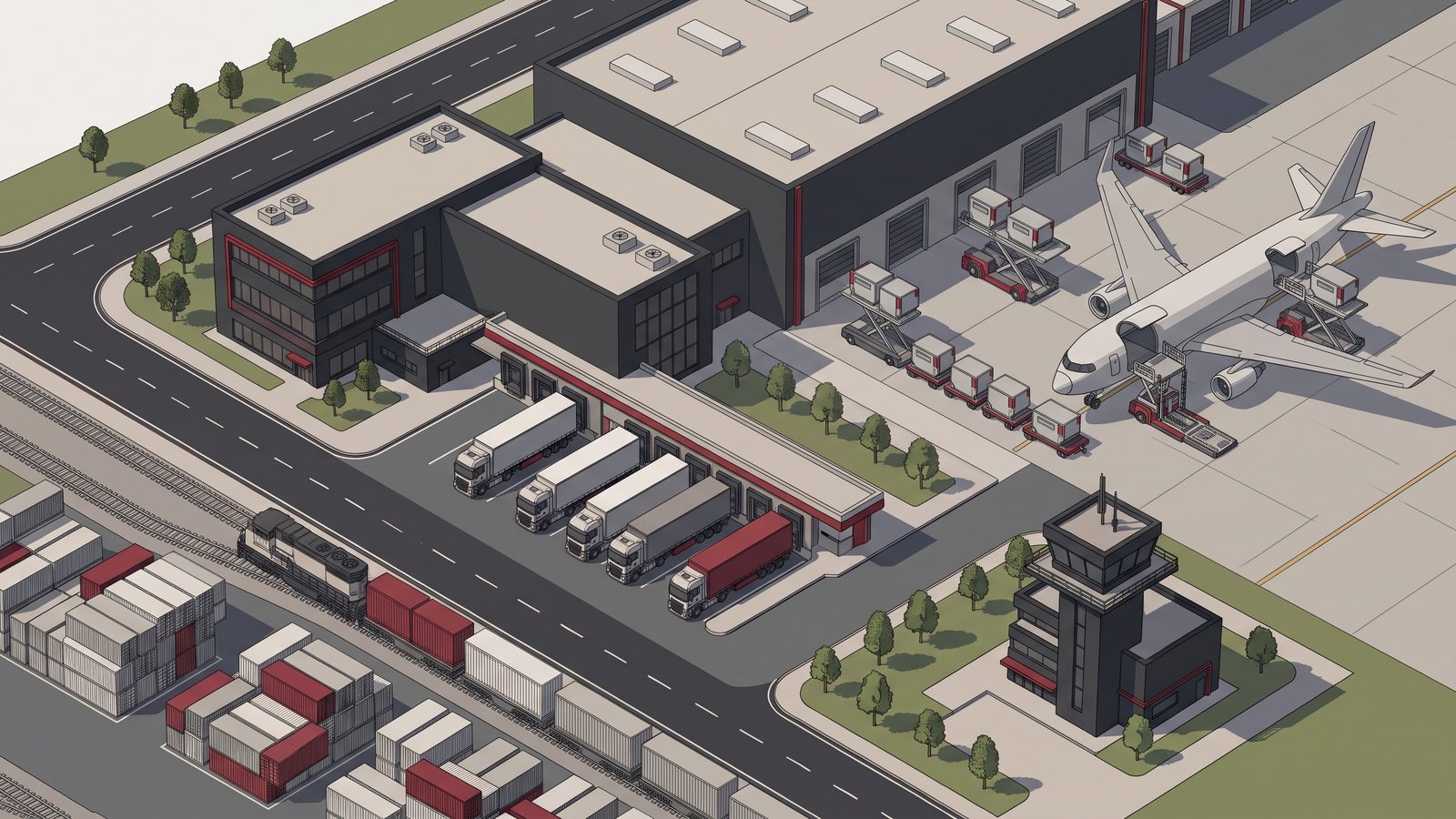 Standort der BEKLOG Logistics GmbH in Affing bei Augsburg: Sattelzüge an der überdachten Rampenfront, Gabelstapler und Mitarbeiter im Hof.