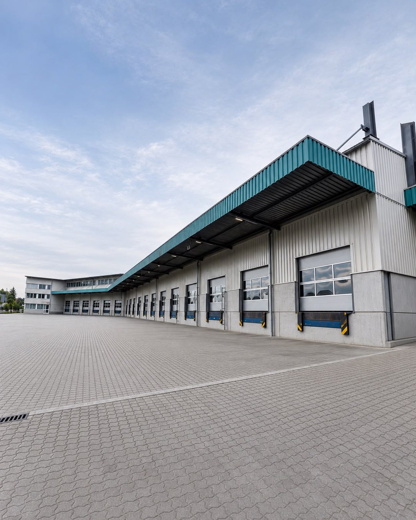 Firmengelände der BEKLOG Logistics GmbH in Affing bei Augsburg mit Rampenfront und Sattelzügen.